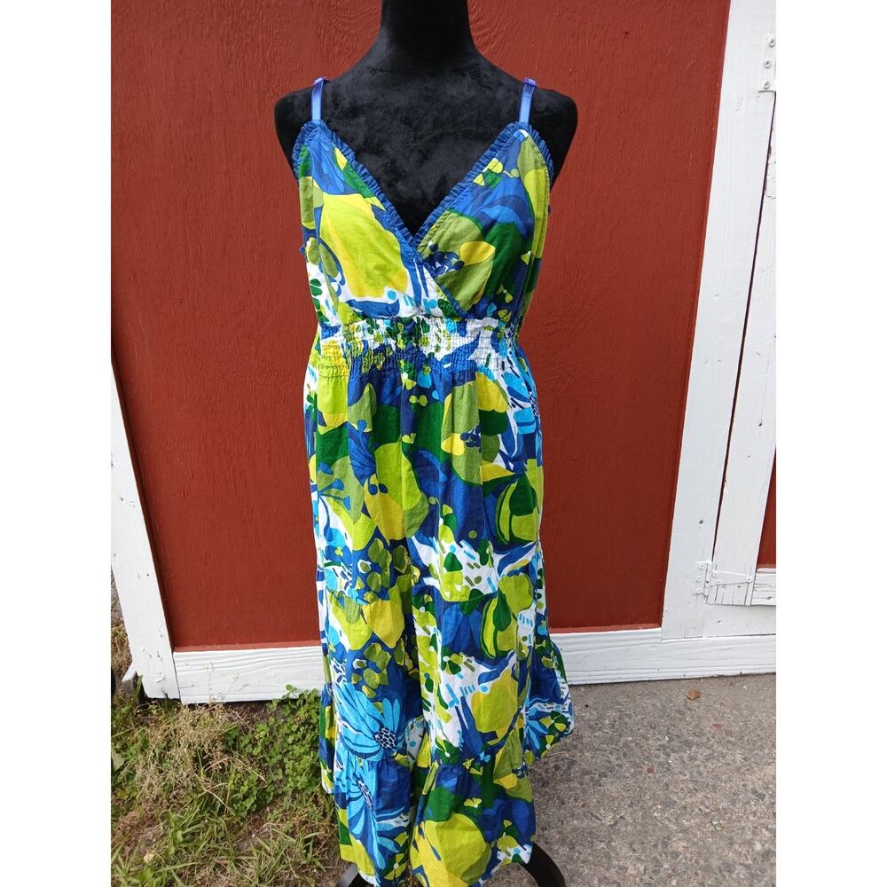 Y2K Babydoll Empire Waist Smock Back Tiered Skirt Cotton Floral Sundress SZ2X
